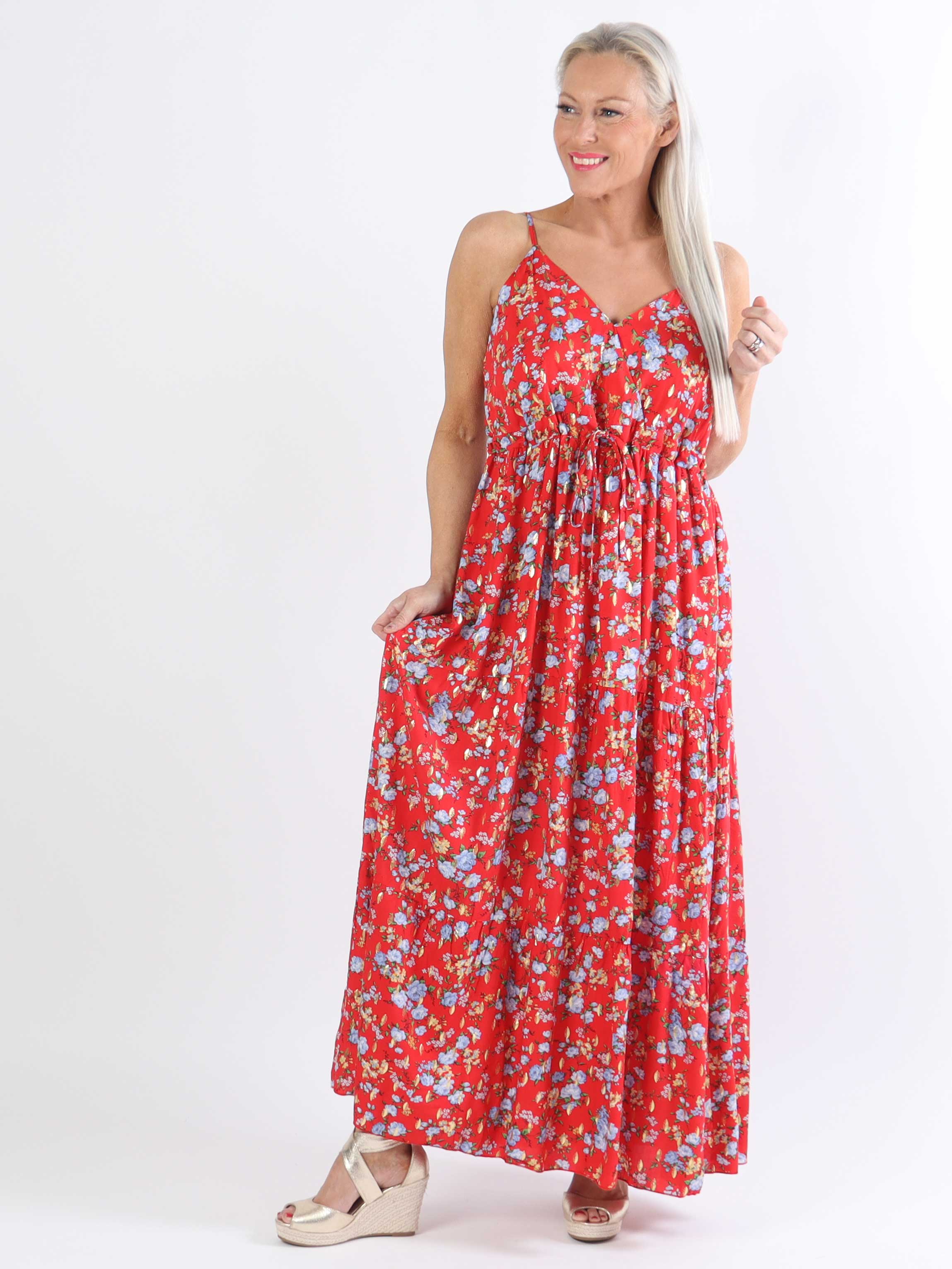 Lucie Rose - Plus size stropkjole med rosemotiver med v-udskæring